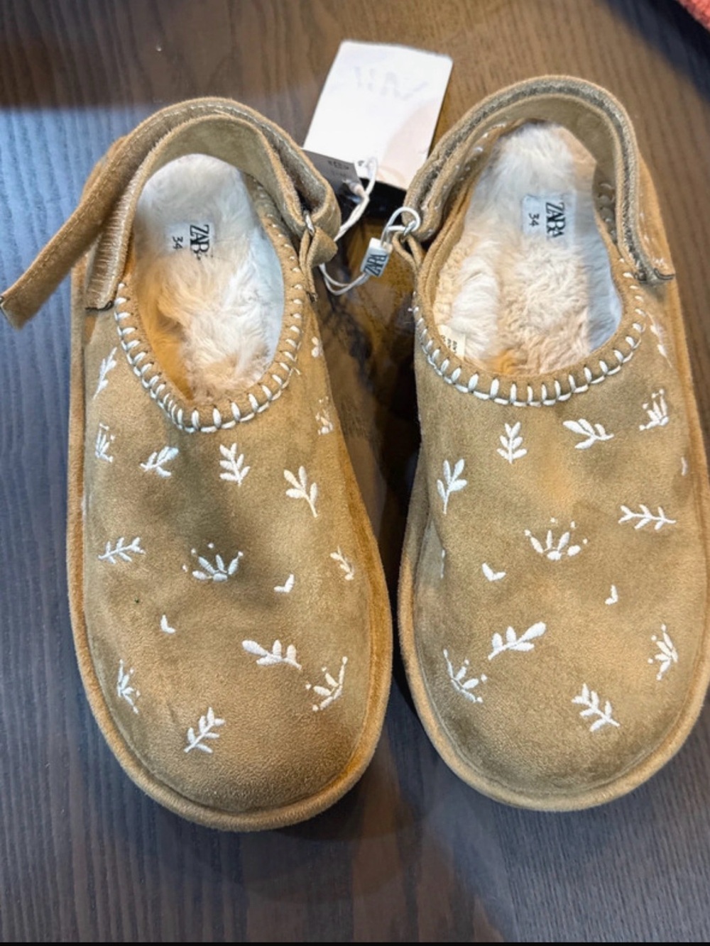 Zara Kids Tan Suede Slip-On Slippers with White Embroidery